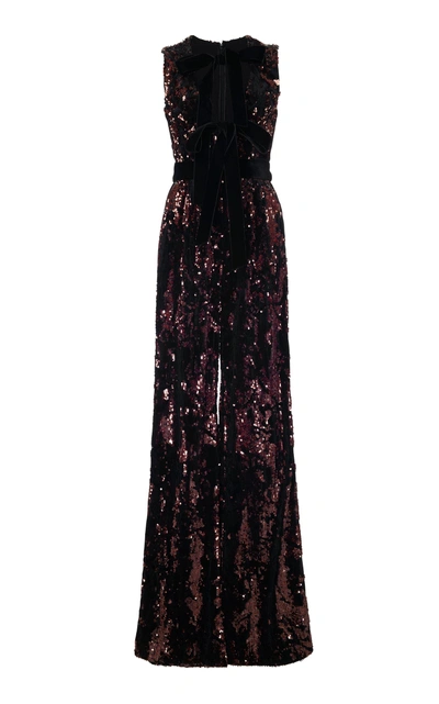 Elie Saab Sleeveless Wide-leg Paillette Jumpsuit W/ Velvet Bow In Multi Pattern