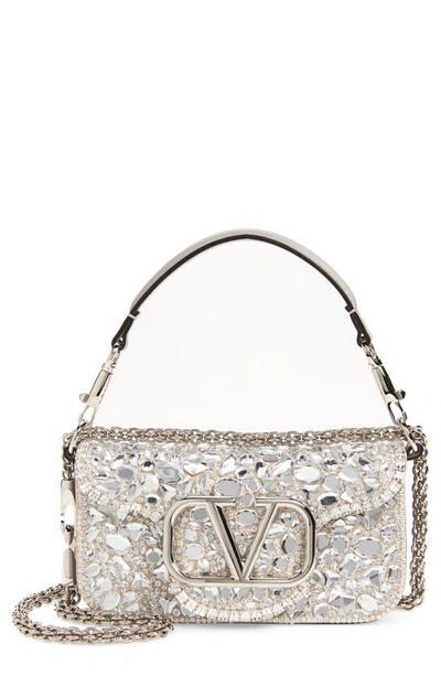 Valentino Garavani Small Vlogo Crystal Embellished Leather Shoulder Bag In Uv4 Crystal/ Pastel Grey