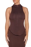 Naked Wardrobe Zip Front Mock Neck Top In Chocolate