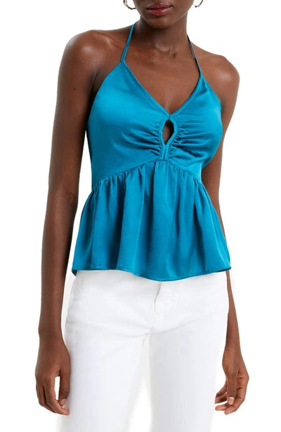 French Connection Inu Satin Cutout Halter Top In Ocean Dept