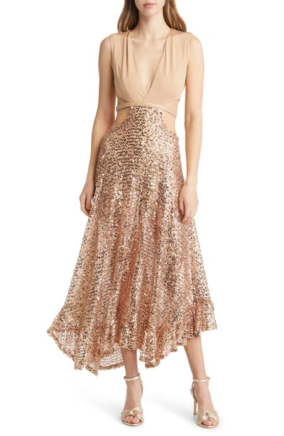 Bebe Side Cutout Mesh & Sequin Gown In Camel,champange