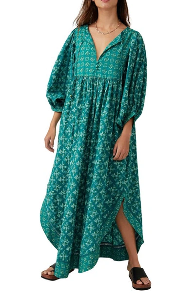 Free People Hazy Maisy Floral Three-quarter Sleeve Maxi Dress In Forest Combo