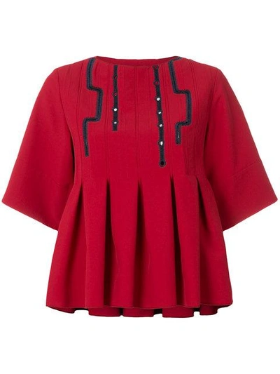 Carven Cropped Pleated Blouse In Rosso Blu
