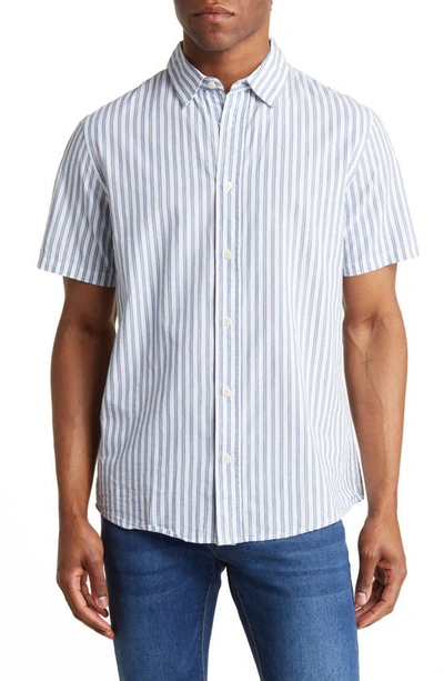 Slate & Stone Stripe Short Sleeve Cotton Poplin Button-up Shirt In White Blue Vertical Stripe