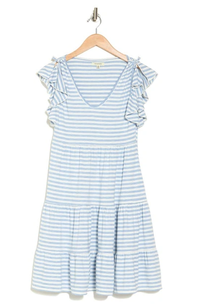 Max Studio V-neck Tiered Dress In Chambray/ Ivory Even Stripe