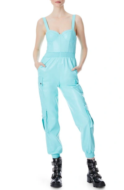 Alice And Olivia Frida Faux Leather Bustier Cargo Jumpsuit In Aqua Blue