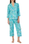 Lauren Ralph Lauren Stripe Crop Cotton Blend Pajamas In Turq/ Prt