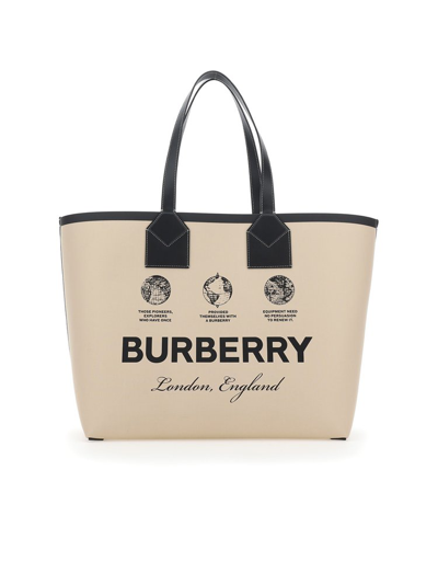 Burberry Label Printed Large London Tote Bag In Neutrals
