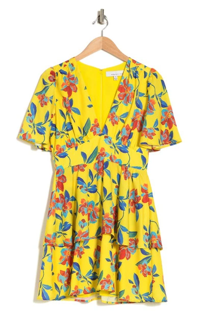 Adelyn Rae Floral Short Sleeve Tiered Fit & Flare Dress In Sunny Yellow