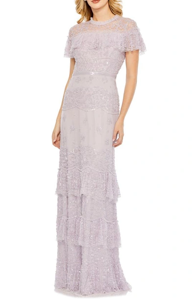 Mac Duggal Embellished Cap Sleeve Ruffle Tiered Gown In Lilac