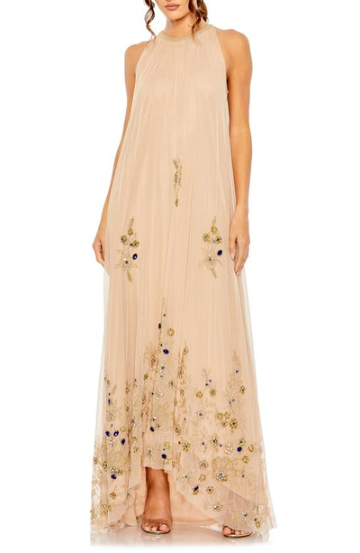 Mac Duggal High Neck Embellished Trapeze Gown In Nude Gold