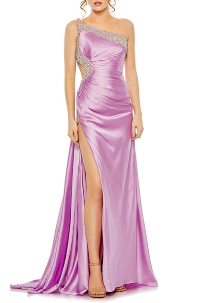 Mac Duggal Ruched One Shoulder Side Cutout Embellished Gown In Lilac