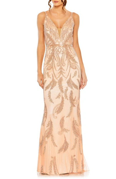 Mac Duggal V Neck Sequin Embellished Gown In Apricot