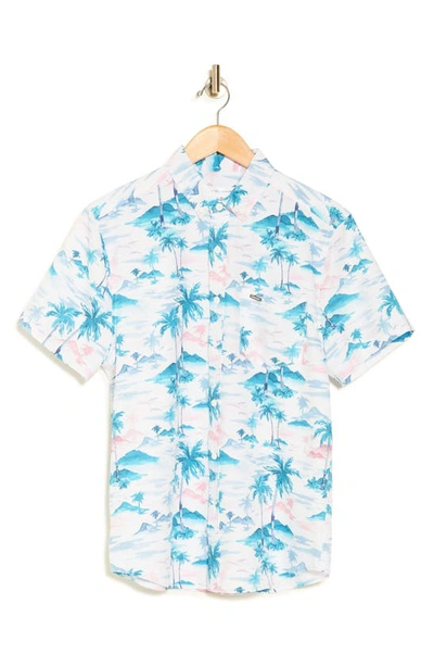 Vintage Summer Tropical Island Print Stretch Short Sleeve Button-up Shirt In White