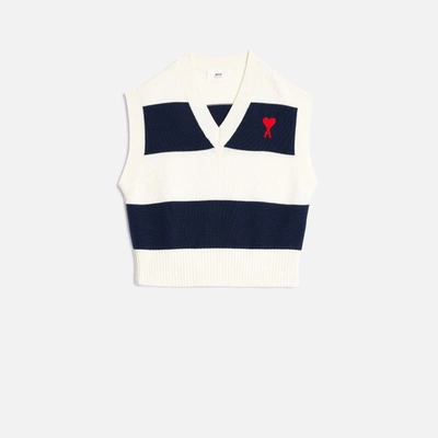 Ami Alexandre Mattiussi Ami De Coeur Sleeveless Sweater With Rugby Stripes White Unisex In Naut Blue/nat White/red