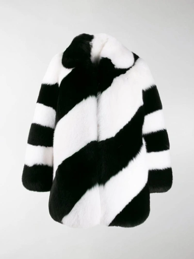 Saint Laurent Fur Diagonal Striped Coat In Lack+white