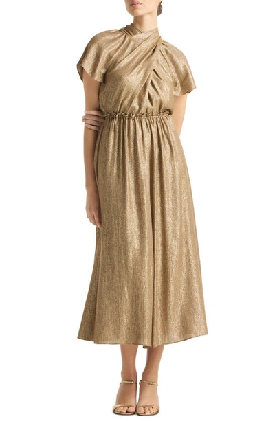 St John Metallic Voile Wrap Front Dress In Gold