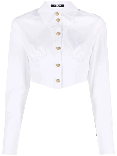 Balmain Cropped Long-sleeve Shirt In White