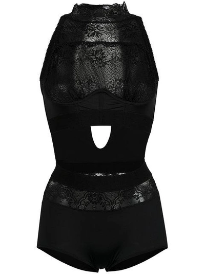 À La Garçonne High Neck Lace Bodysuit In Black