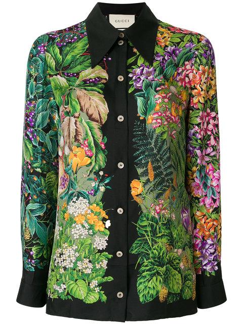 Gucci Deer And Floral-print Silk Shirt In Black | ModeSens