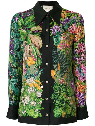 Gucci Deer And Floral-print Silk Shirt In Black