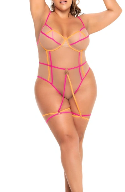 Mapalé Underwire Strappy Tulle Teddy With Garter Straps In Beige/ Neon