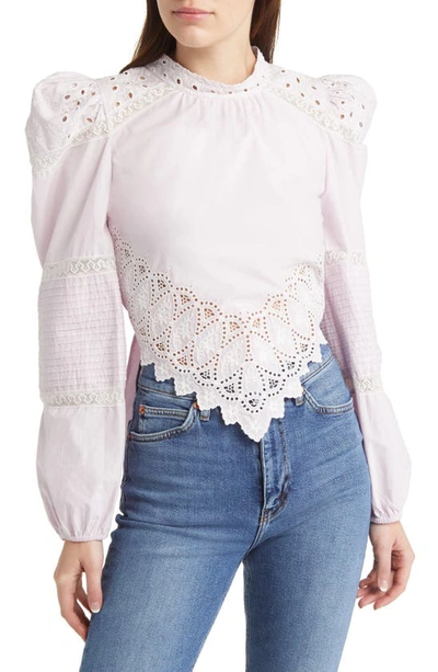 Loveshackfancy Hito Perforated-detailing Cotton Blouse In Soft Iris