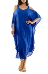 Nina Leonard Gauze Long Sleeve Cold Shoulder Dress In Lapis