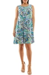 Nina Leonard Scoop Neck Sleeveless Dress In Green Multi