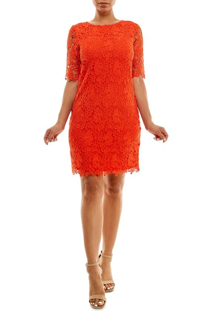 Nina Leonard Jewel Neck Lace Dress In Orange