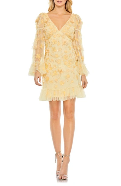 Mac Duggal Floral Embellished Long Sleeve Ruffled Hem Dress In Butter