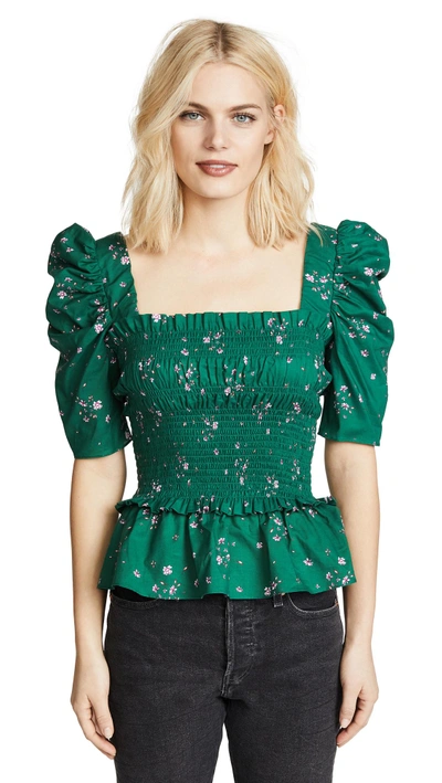 Amanda Uprichard Puff Sleeve Top In Emerald Ditsy