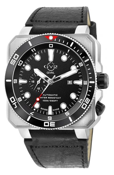 Gv2 Xo Submarine Automatic Swiss Leather Strap Watch, 44mm In Black