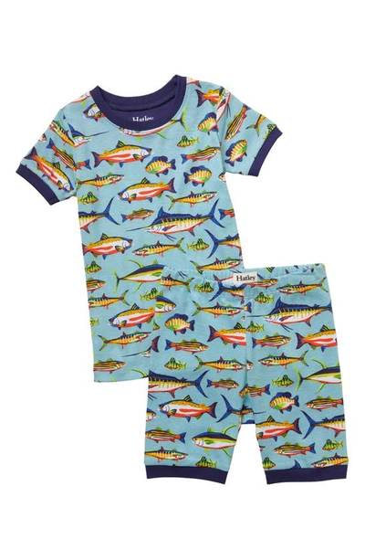 Hatley Kids' Lots Of Fish Fitted Two-piece Cotton Pajamas In Stillwater