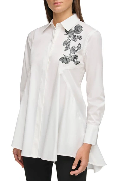 Donna Karan Embroidered Poplin Tunic Shirt In White