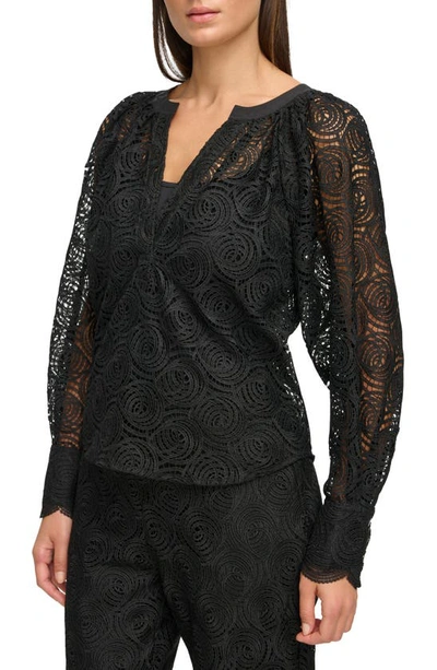 Donna Karan Medallion Lace Long Sleeve Top In Black