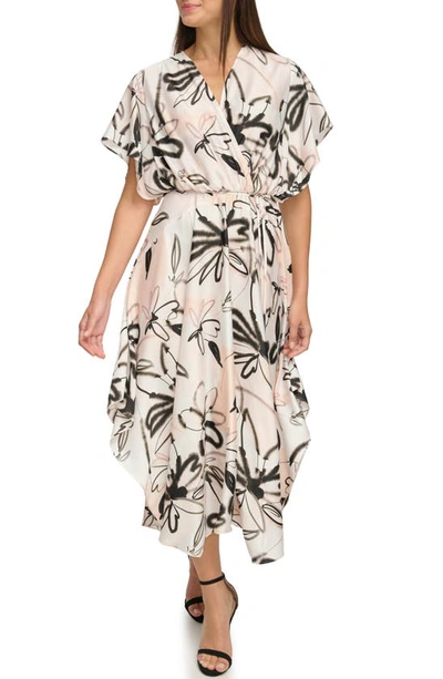 Donna Karan Floral Matte Satin Dress In Blush Multi
