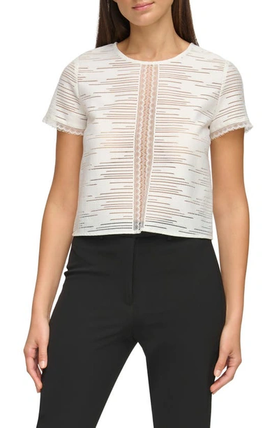 Donna Karan Lace Inset Short Sleeve Top In Ivory