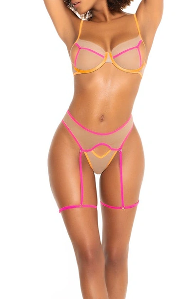 Mapalé Tully Underwire Bra & Panties With Built-in Garter Straps Set In Nude / Neon