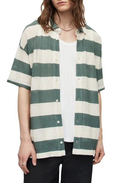 Allsaints Munro Open Stitch Short Sleeve Cotton Button-up Shirt In Chalk White/ Blue