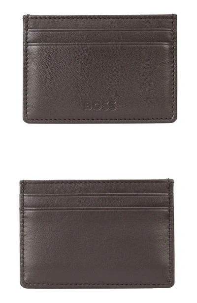 Hugo Boss Crew Leather Card Holder In Dark Brown
