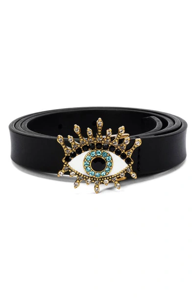 Kurt Geiger Evil Eye Leather Belt In Black/ Antique Brass