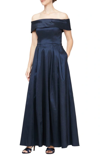 Alex Evenings Off The Shoulder Taffeta Ballgown In Navy