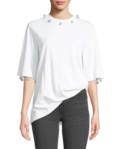 Romance Was Born Crewneck Elbow-sleeve Cotton Tee W/ Pearlescent Buttons In White