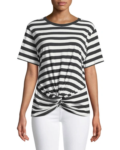 7 For All Mankind Crewneck Short-sleeve Knotted-front Striped Tee In Black/white