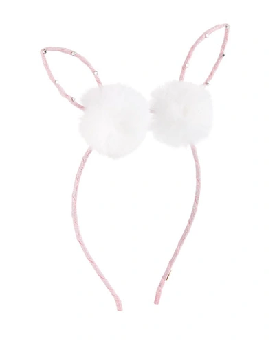 Bari Lynn Girls' Bunny Ear Headband W/ Fur Pompoms In Pink