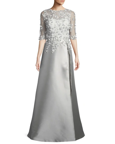 Rickie Freeman For Teri Jon 3d Embroidery Floral A-line Gown In Silver