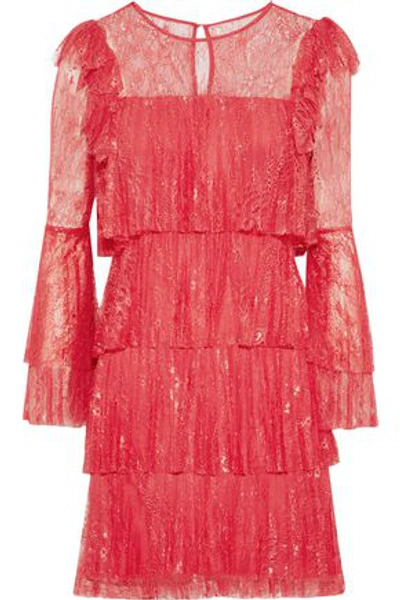 Badgley Mischka Tiered Pleated Lace Mini Dress In Tomato Red