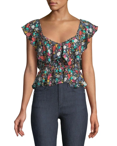 Likely Lavato Floral-print Off-the-shoulder Ruffle Top In Black Pattern