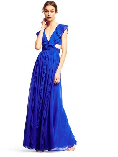 Aidan Mattox Aidan By  Blue Sleeveless Ruffled Evening Gown In Cobalt